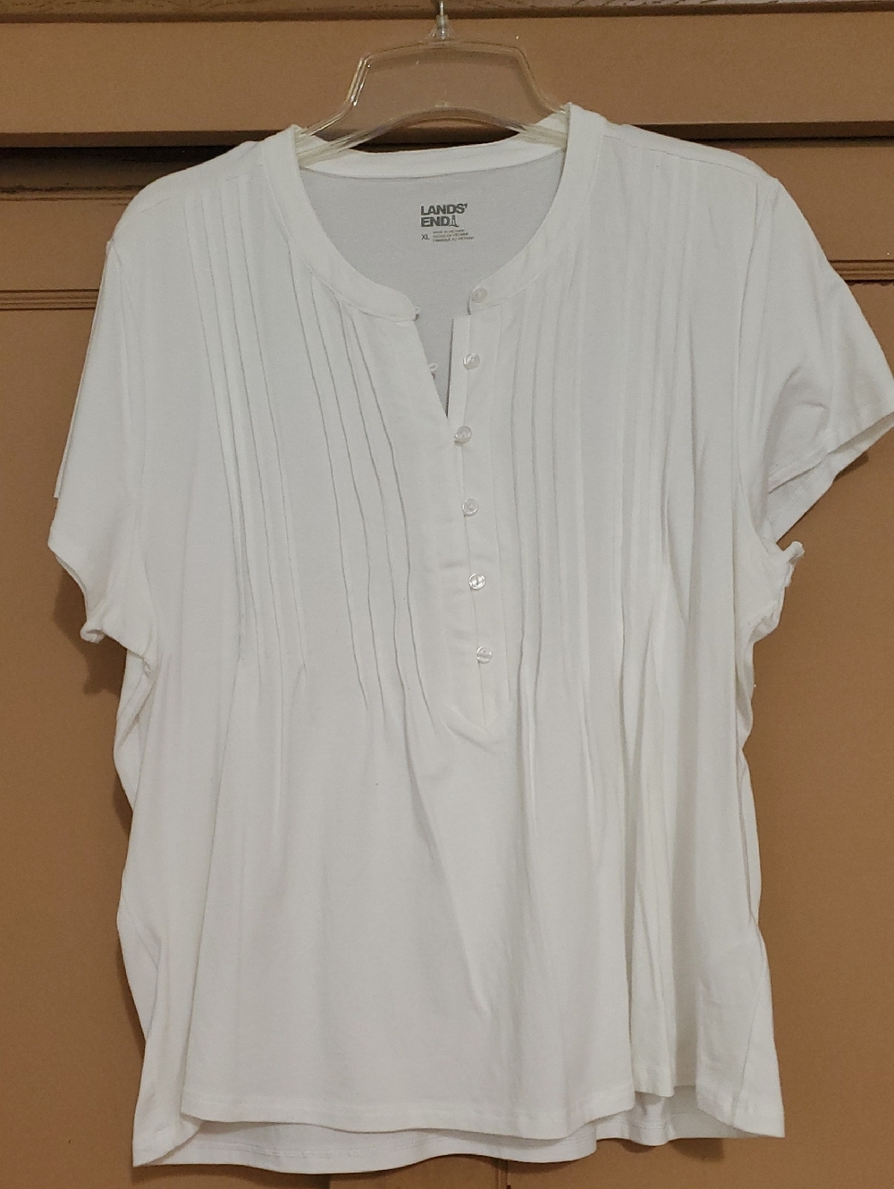 Lands' End White Pintuck Henley Blouse